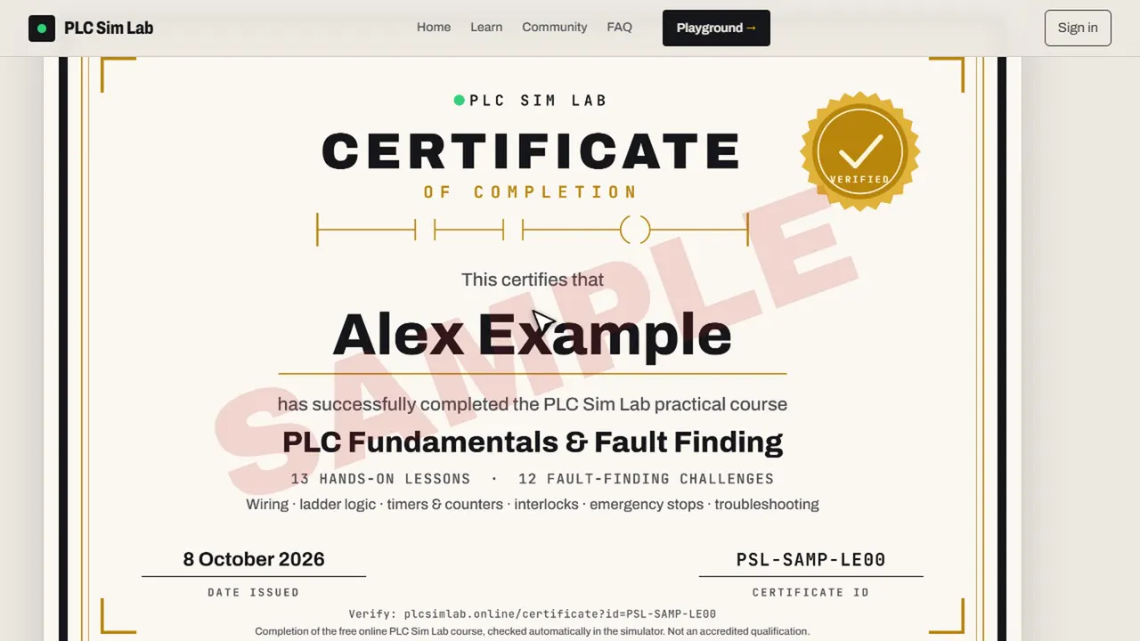 Sample PLC Sim Lab certificate of completion for the PLC Fundamentals and Fault Finding course