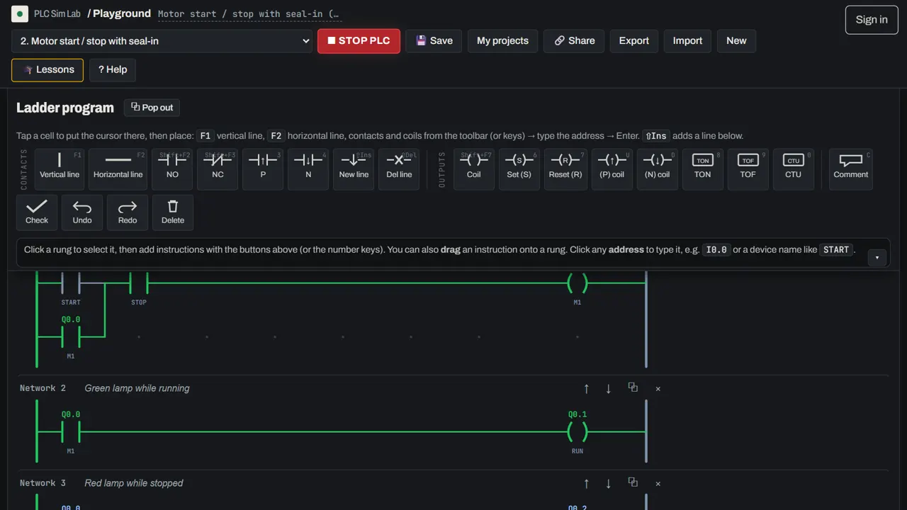 Ladder logic simulator showing three rungs with green power flow while the PLC is in RUN