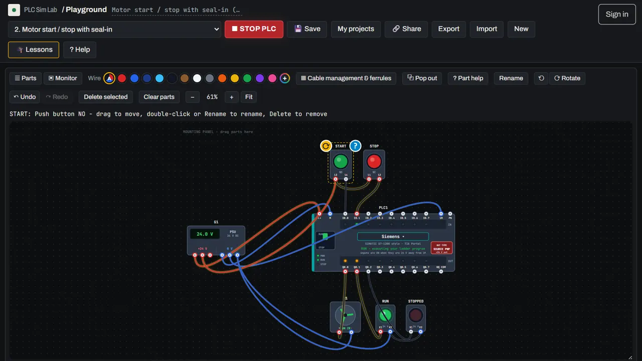 PLC Sim Lab simulator with a power supply, a PLC, START and STOP push buttons and a running 24 V motor