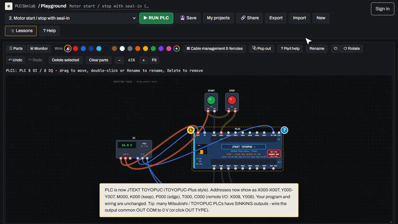 The simulated PLC switched to TOYOPUC-style addressing with a message listing the new address format